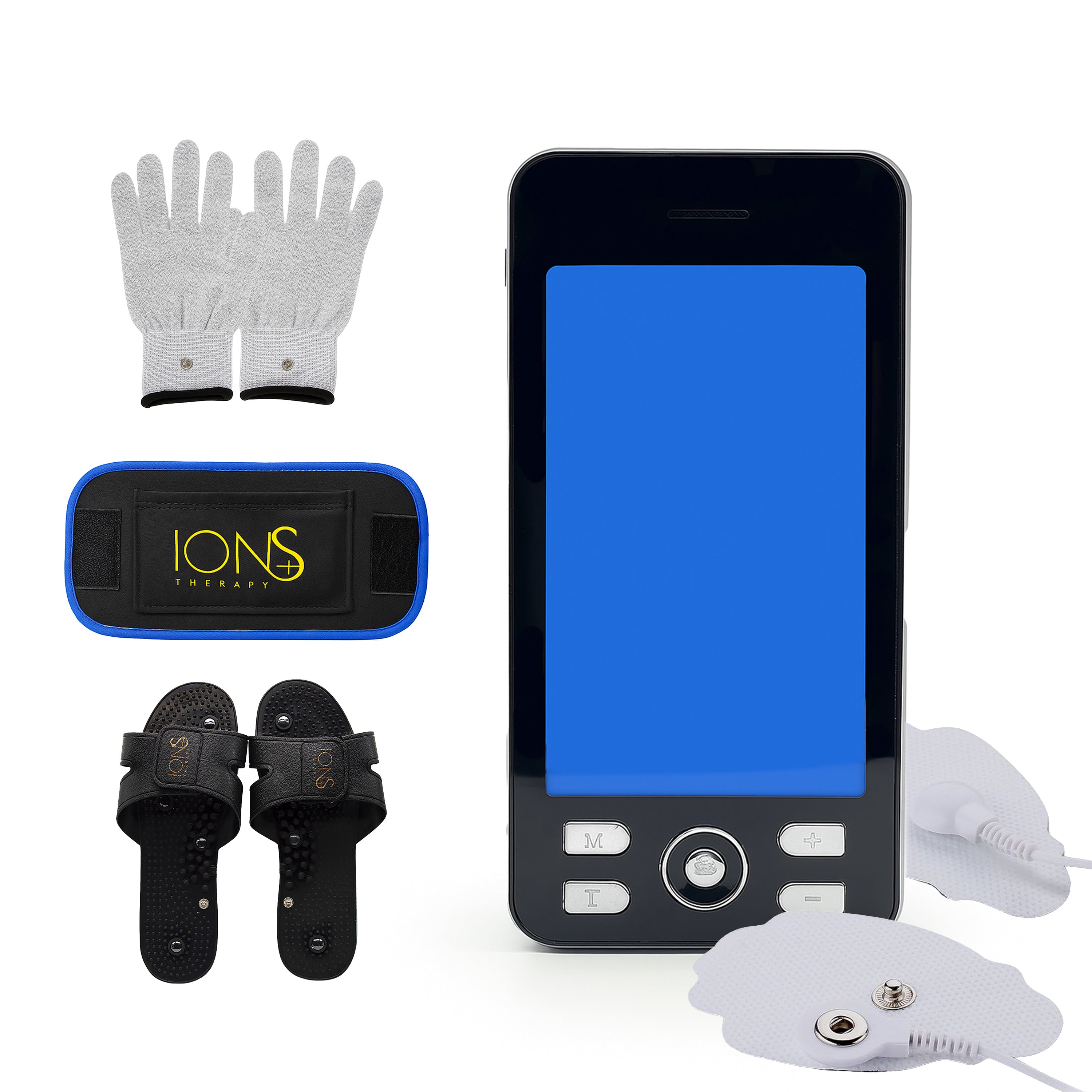 Electrotherapy device with gloves, black box, and electrodes on a white background from Ions Therapy