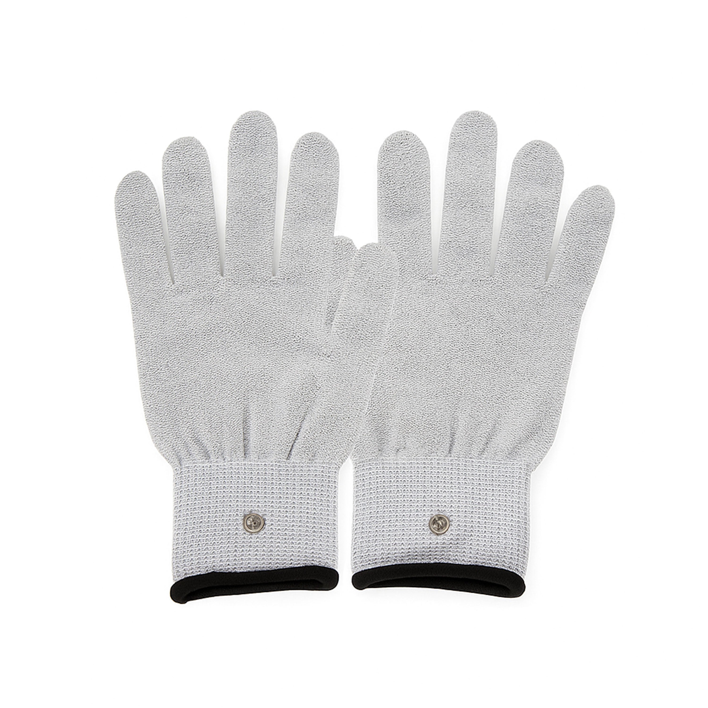 Pair of gray gloves with black cuffs on a white background from Ions Therapy